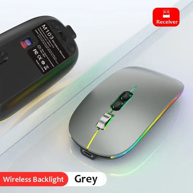 Sleek grey wireless mouse with RGB lights from Discover Dual Mode Wireless Mouse