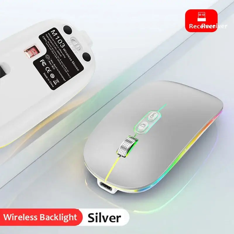 Sleek silver dual mode wireless mouse with RGB backlight and scroll wheel