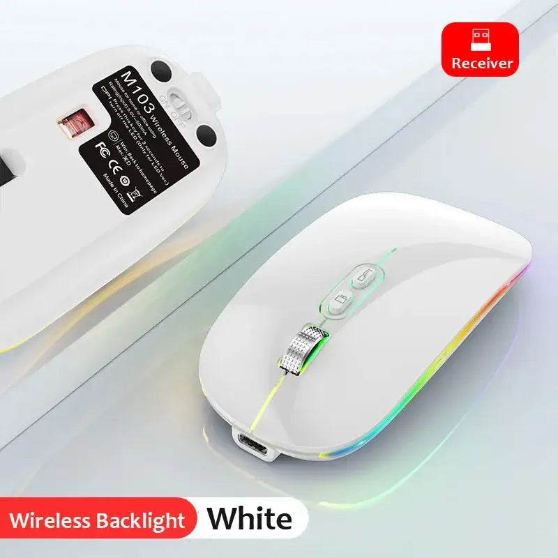 White wireless dual mode mouse with RGB lighting edges from Discover Dual Mode Wireless Mouse