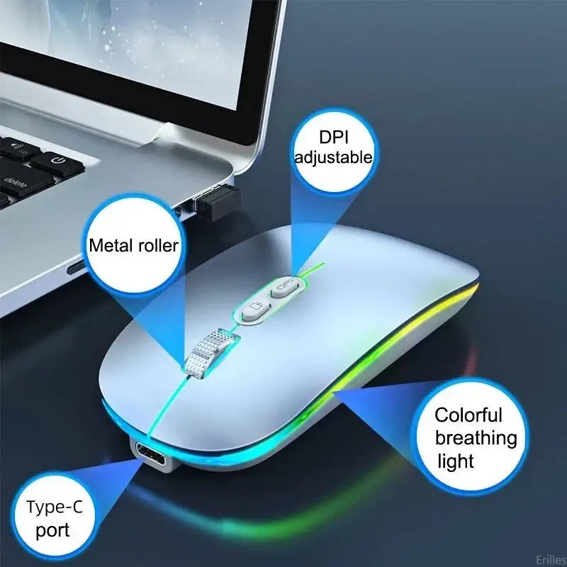 Discover Dual Mode Wireless Mouse featuring metal roller, DPI, lighting, and Type-C port