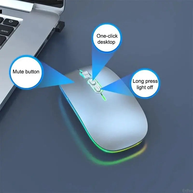 Sleek dual mode wireless mouse with illuminated base and labeled function buttons