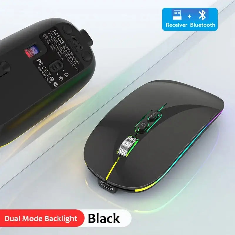 Sleek black wireless mouse with RGB lighting and dual mode Bluetooth functionality