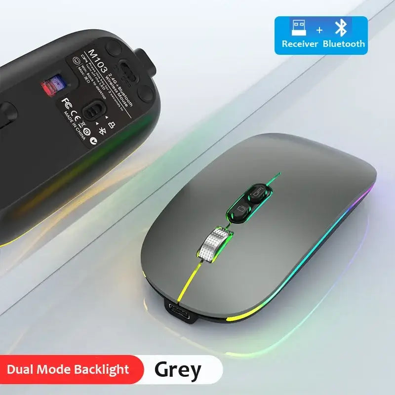 Sleek grey dual mode wireless mouse with RGB lighting and dual connectivity options