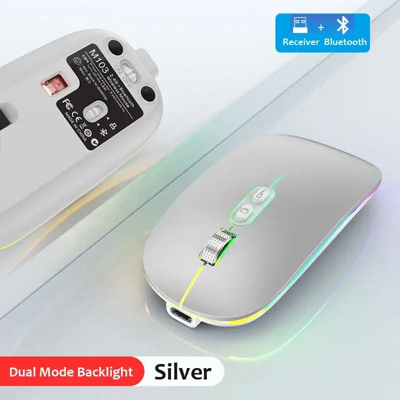 Sleek silver dual mode wireless mouse with RGB lighting for enhanced tech performance