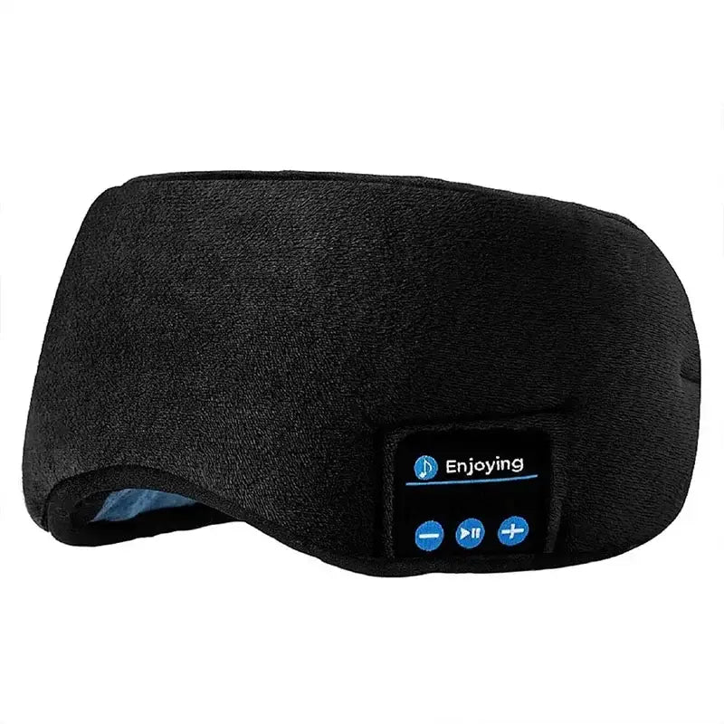 Black Bluetooth sleeping headphones eye mask with control buttons in action