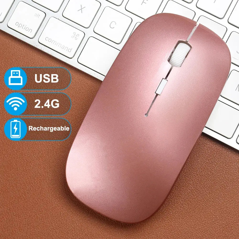 Rose gold rechargeable wireless mouse with USB connectivity and ergonomic design