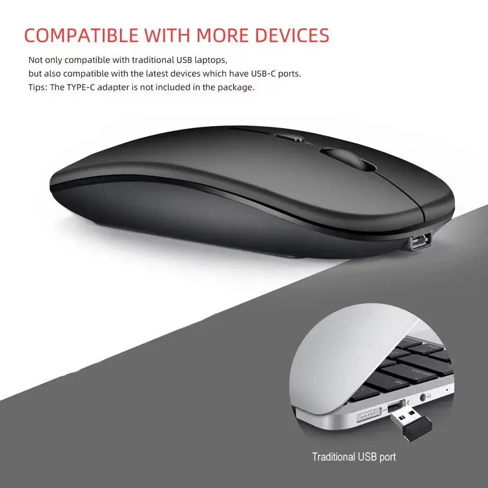 Rechargeable wireless mouse: sleek black with USB port, perfect for modern office setups