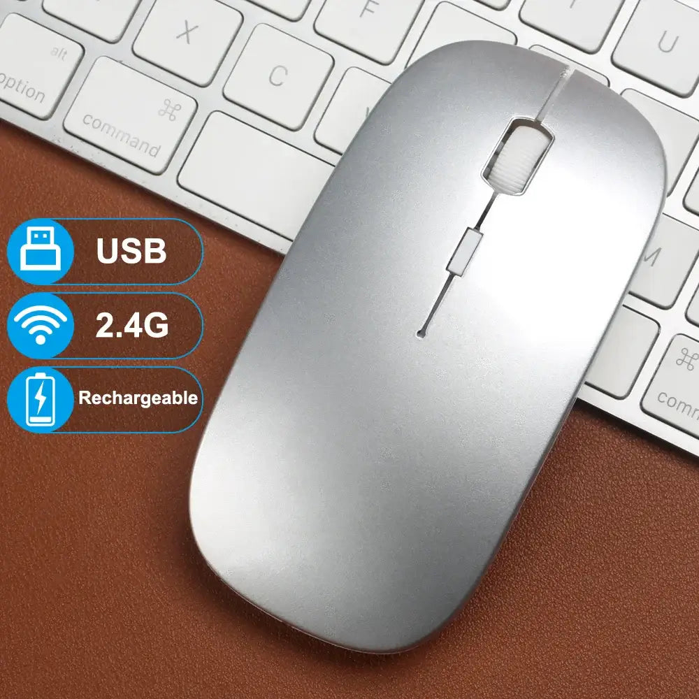 Sleek silver rechargeable wireless mouse with USB features for modern office use