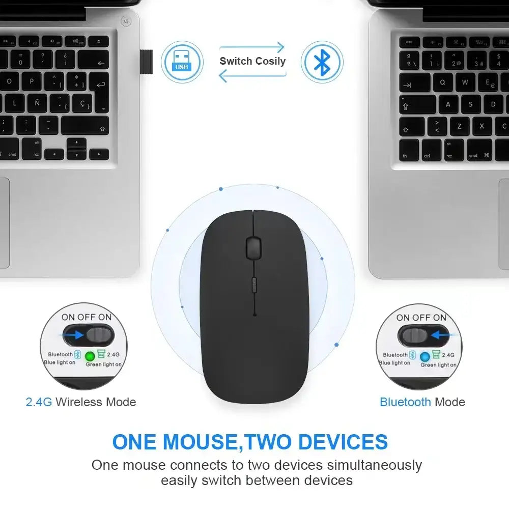 Rechargeable wireless mouse with dual connectivity for versatile device compatibility