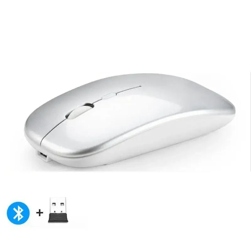 Sleek silver rechargeable wireless mouse with Bluetooth and USB for your workspace