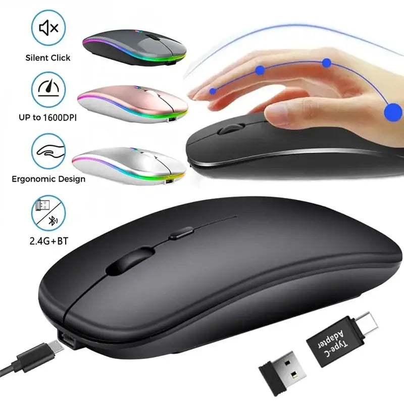 Rechargeable wireless mouse with RGB lighting and multiple connectivity options