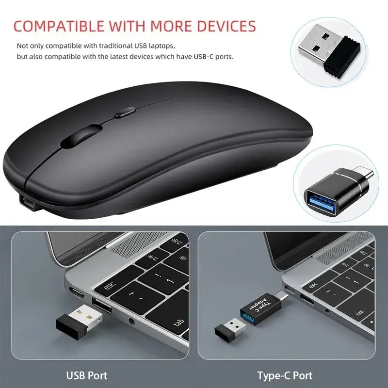 Sleek black rechargeable wireless mouse with smooth, curved design for modern workspaces