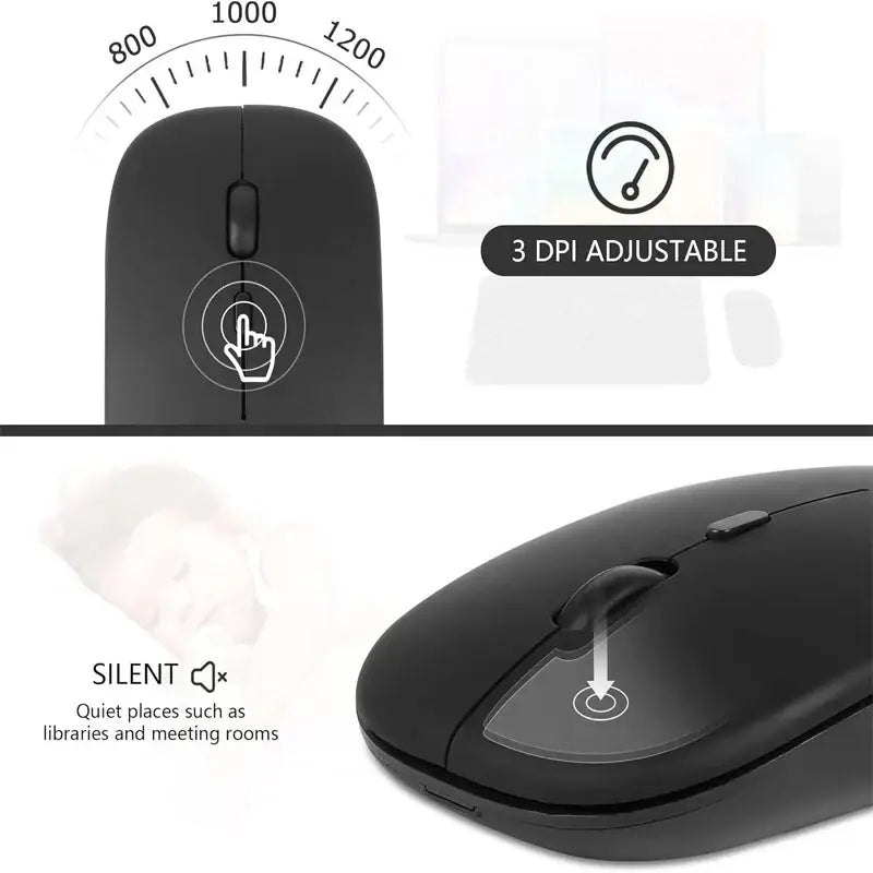 Rechargeable wireless mouse with DPI adjustment and silent click for a quiet workspace