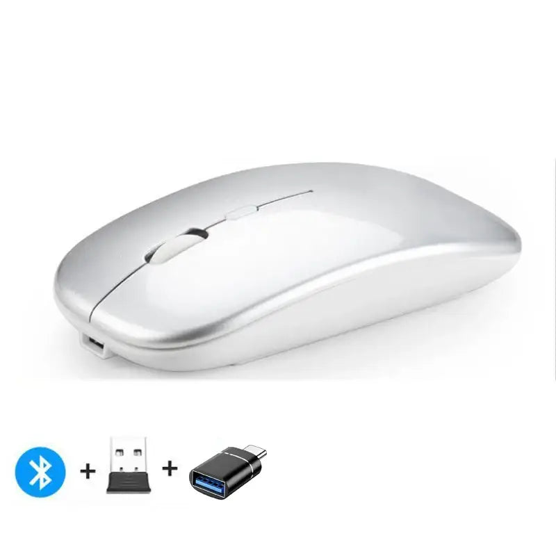 Rechargeable wireless mouse: Sleek silver, curved, minimalist design for workspace