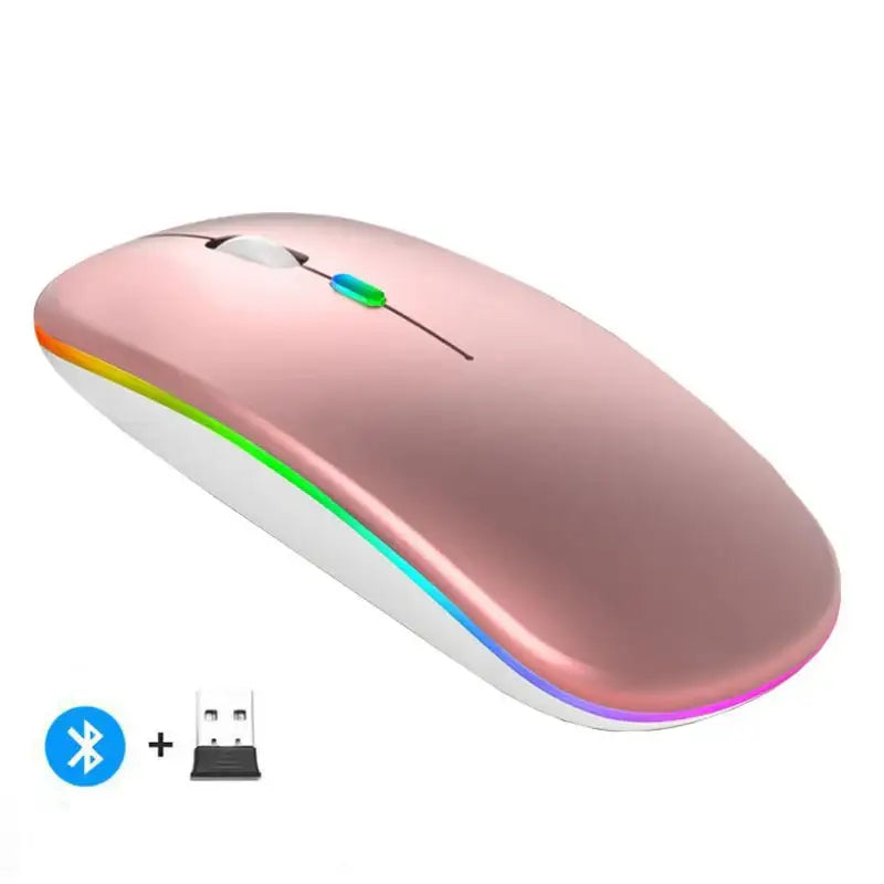 Sleek rechargeable wireless mouse in rose gold with LED edge lighting and dual connectivity