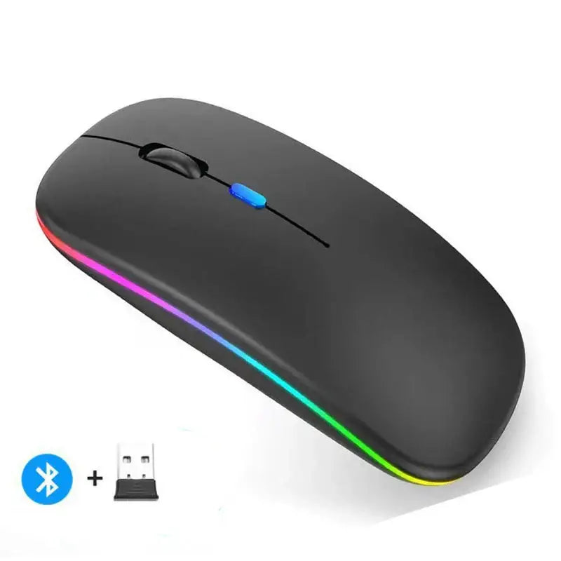 Sleek black rechargeable wireless mouse with RGB lighting for modern workspaces