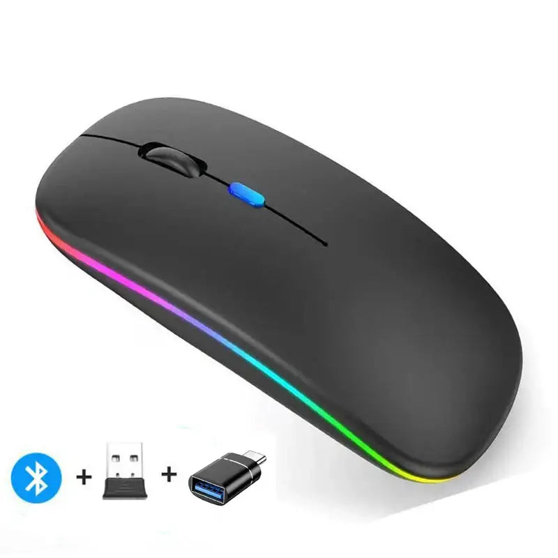 Sleek black rechargeable wireless mouse with RGB lighting for modern workspaces