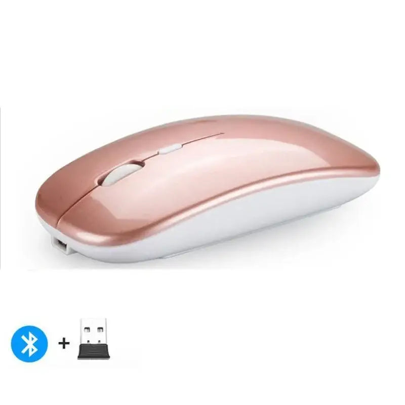 Rose gold and white rechargeable wireless mouse with sleek design for modern workspaces