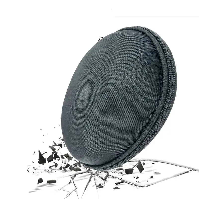 Gaming mouse storage box on shattered glass fragments in stylish circular, dark gray case