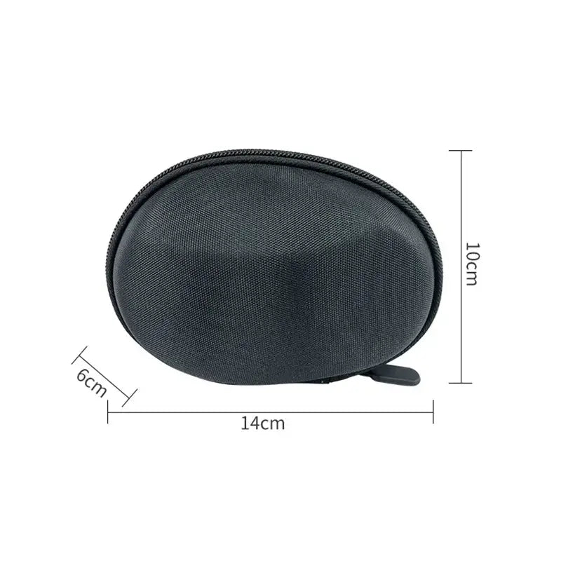 Oval-shaped black zippered storage box for gaming mouse with dimensions labeled