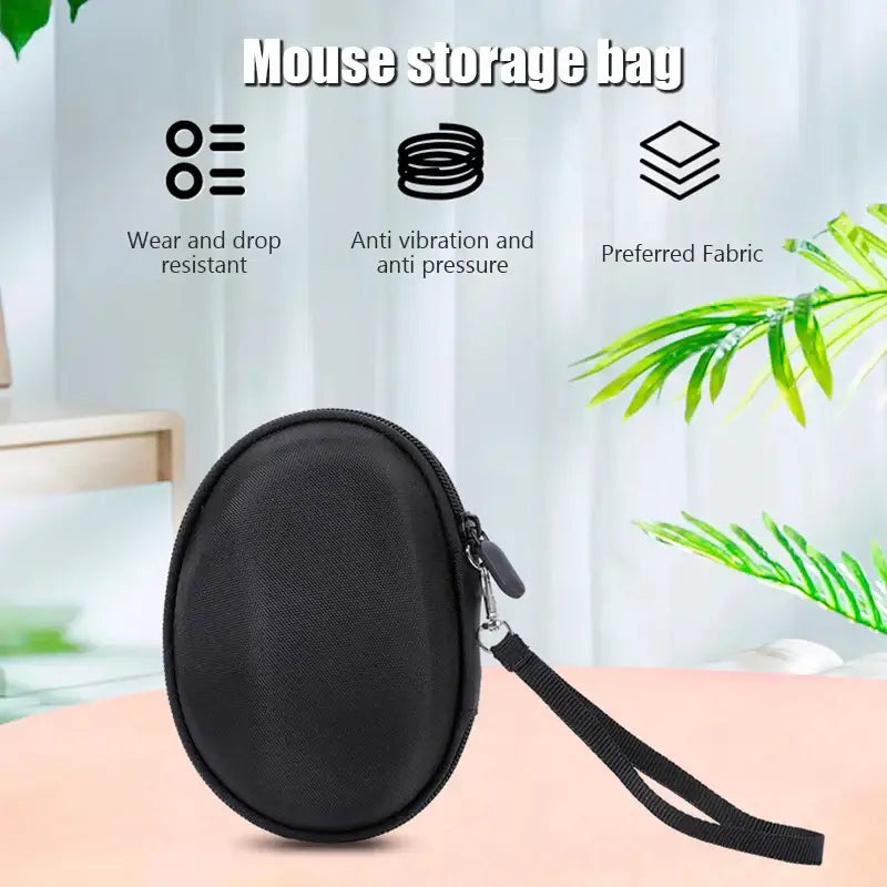 Black oval-shaped gaming mouse storage bag with wrist strap