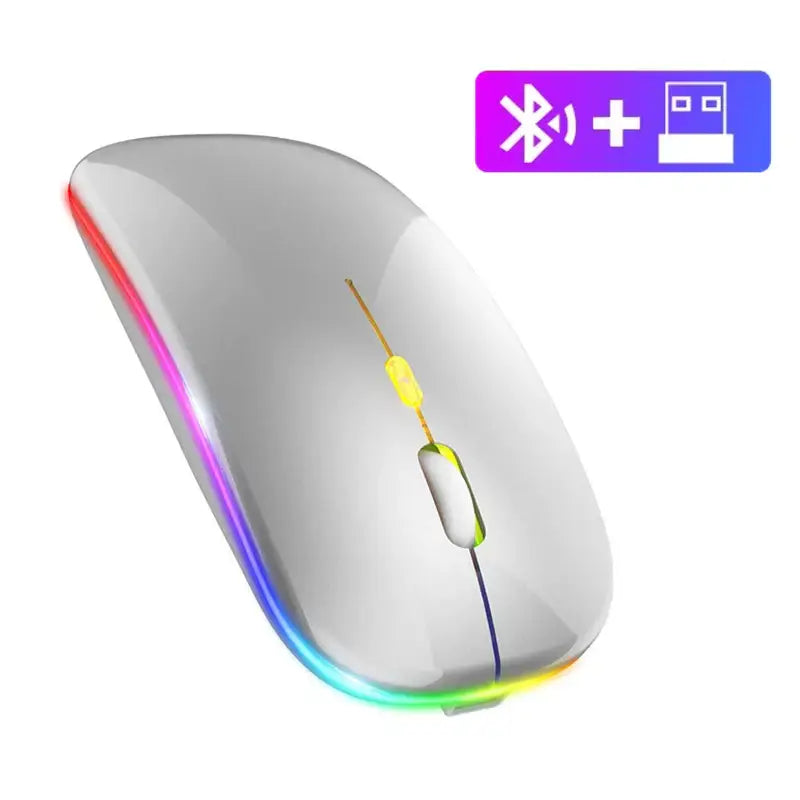 Sleek white Bluetooth rechargeable mouse with RGB lighting elevates your workspace