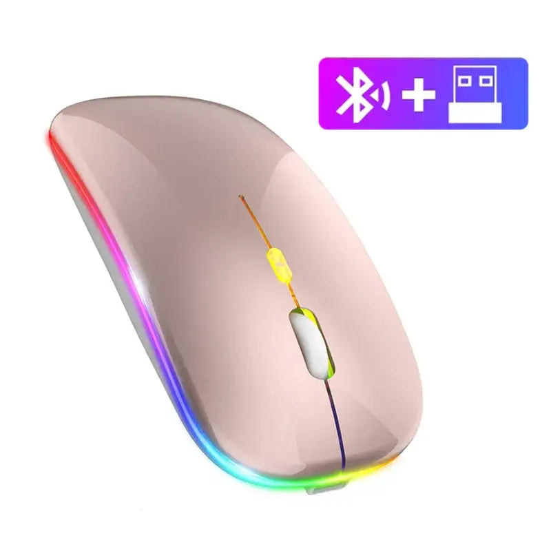 Sleek pink Bluetooth rechargeable mouse with vibrant RGB lighting for a modern workspace