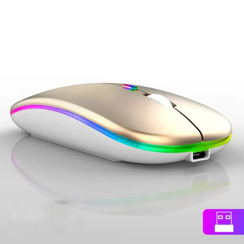 Sleek bluetooth rechargeable mouse with vibrant RGB lighting for a modern workspace