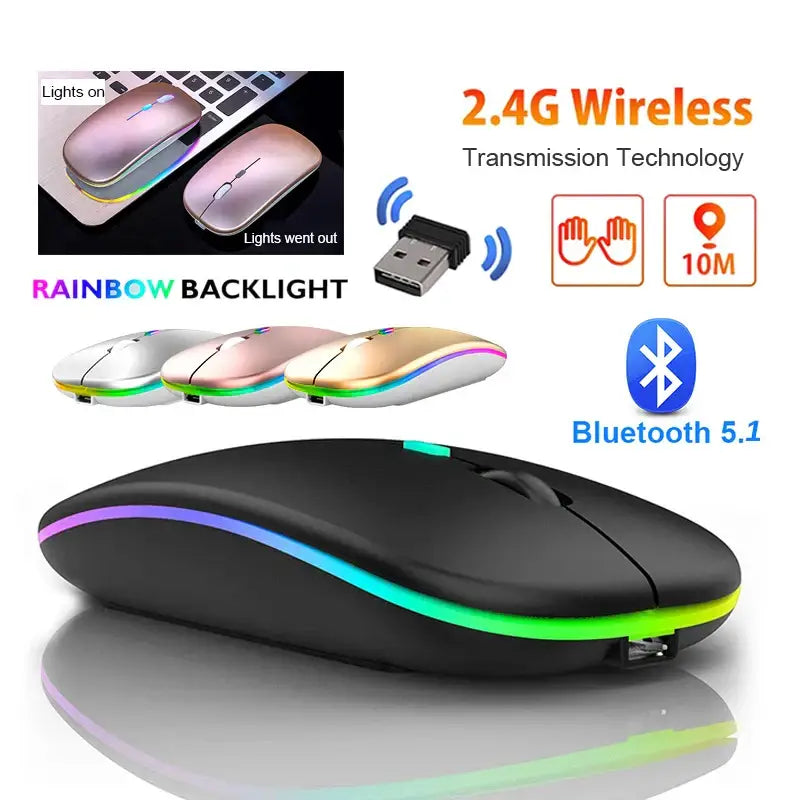 Bluetooth rechargeable mouse with rainbow LED backlight, perfect for any workspace