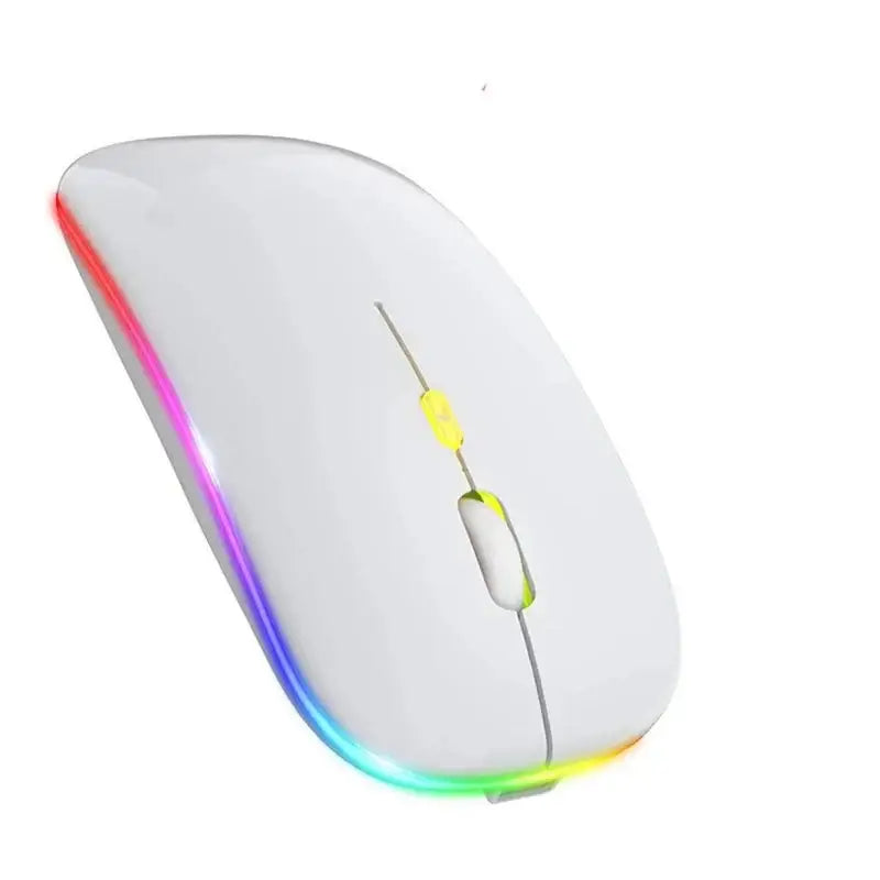 White bluetooth rechargeable mouse with colorful LED edges for stylish productivity