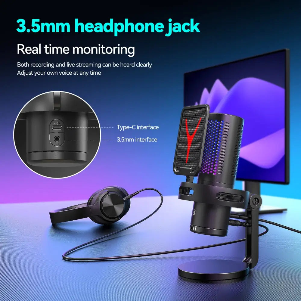 USB microphone with 3.5mm jack for laptop computer and real-time monitoring features