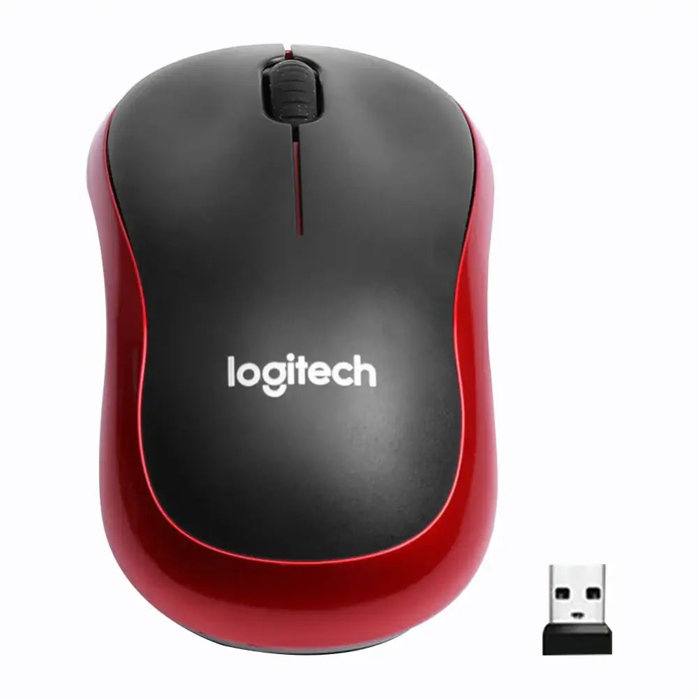 Red and black wireless mouse from Logitech with USB receiver for seamless connectivity