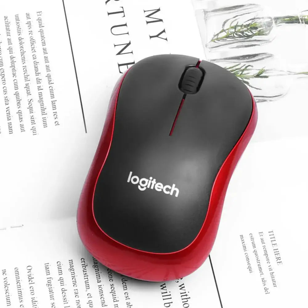 Red and black Logitech wireless mouse for seamless connectivity in computer & office setups