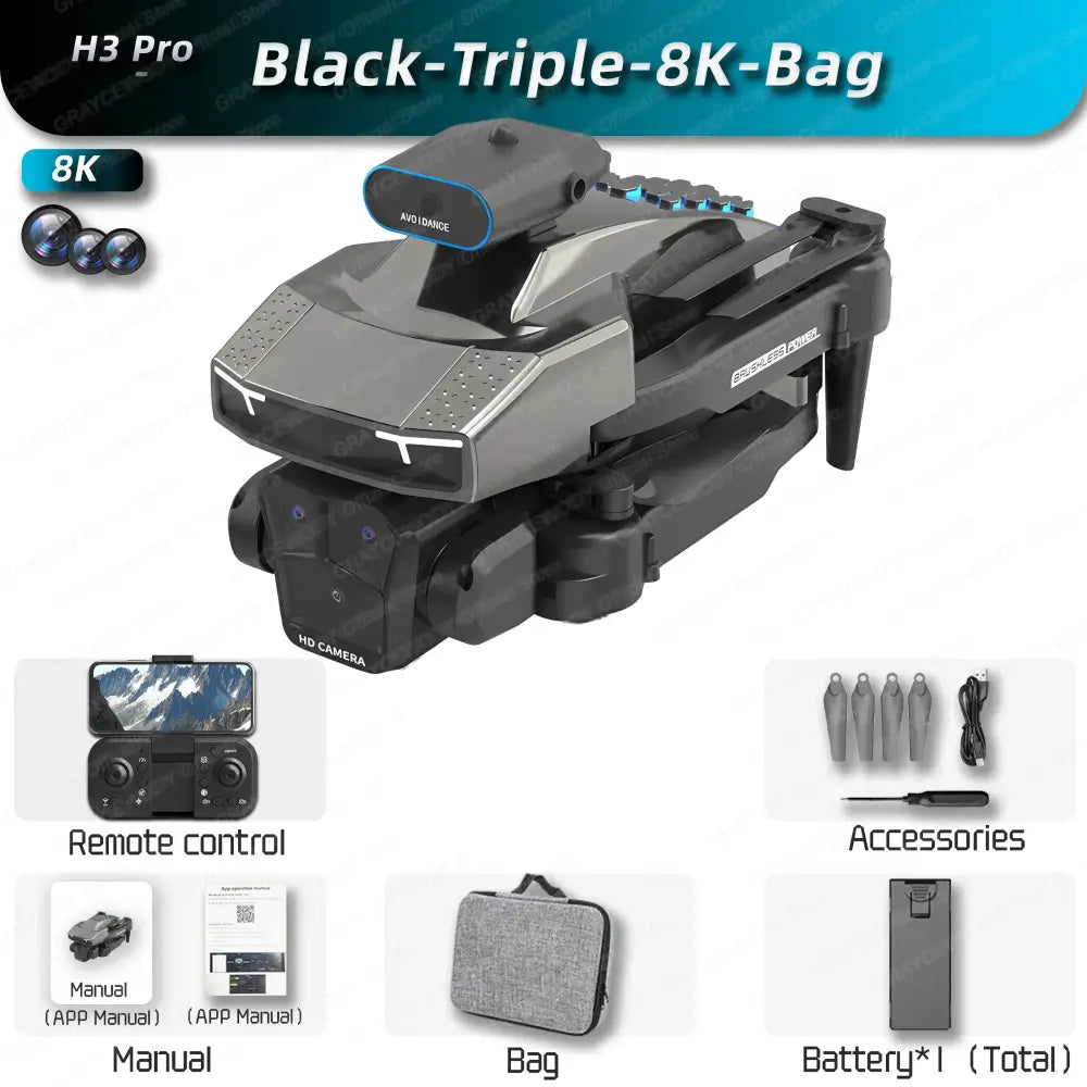 Explore New Drone Cameras with Professional 4K Triple Camera Technology - Black-Triple8K-Bag