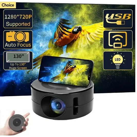 Compact circular auto focus Android projector with a smartphone displaying a colorful parrot image