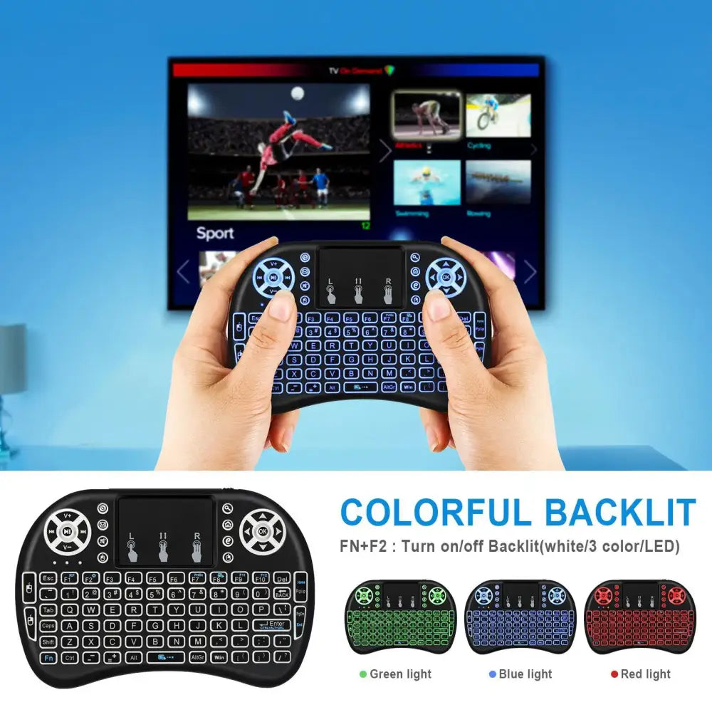 Mini wireless keyboard with touchpad and backlit keys for smart TVs or media devices